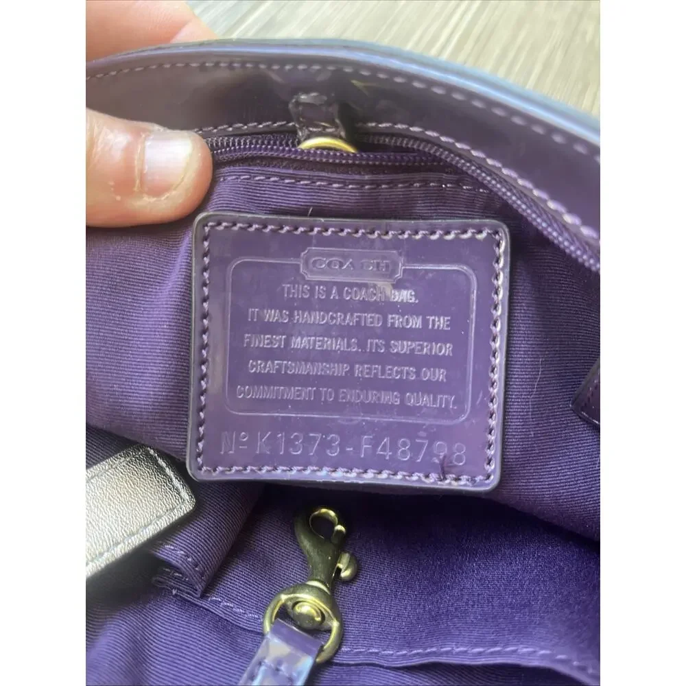 Coach Signature Stripe Satchel With Patent Leather Trim Handbag Purple F25771